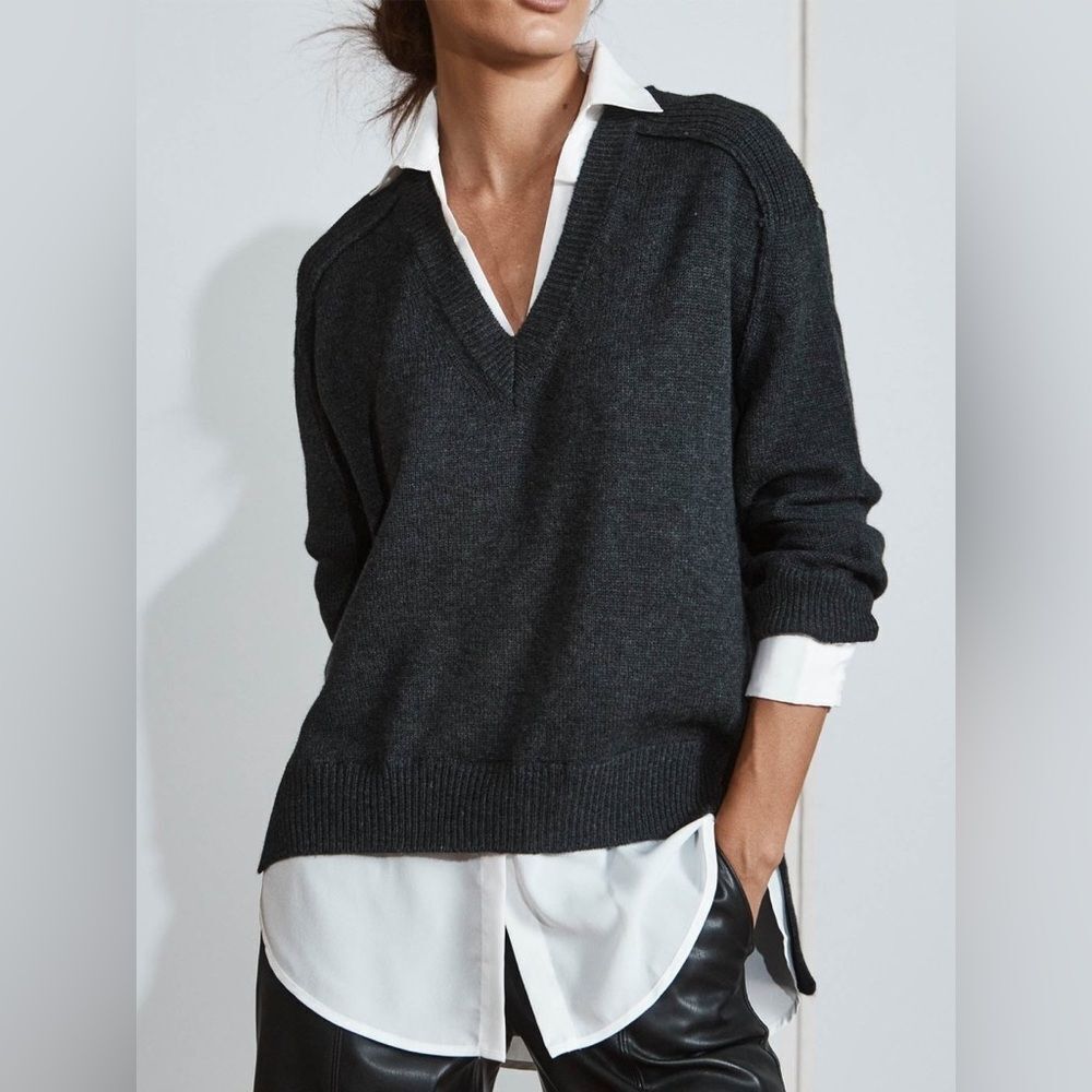 Brochu Walker Looker Charcoal V-Neck Sweater Ribbed trim neckline, cuffs and hem